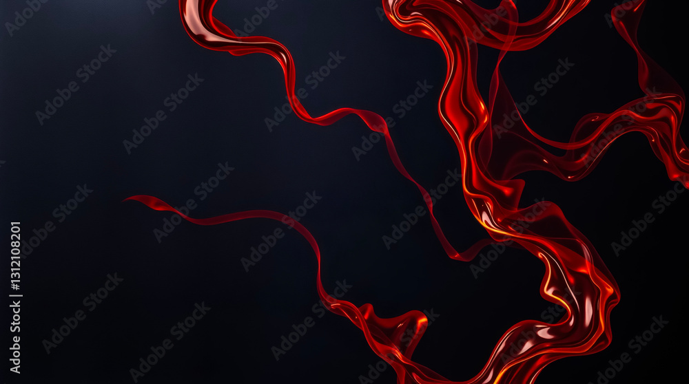 Poster flowing red ribbons against a dark background create an abstract art display