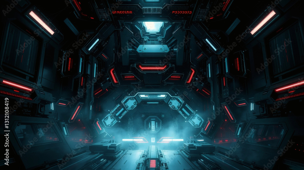 Poster futuristic corridor in spaceship with glowing lights in a sci-fi setting during a mysterious explora