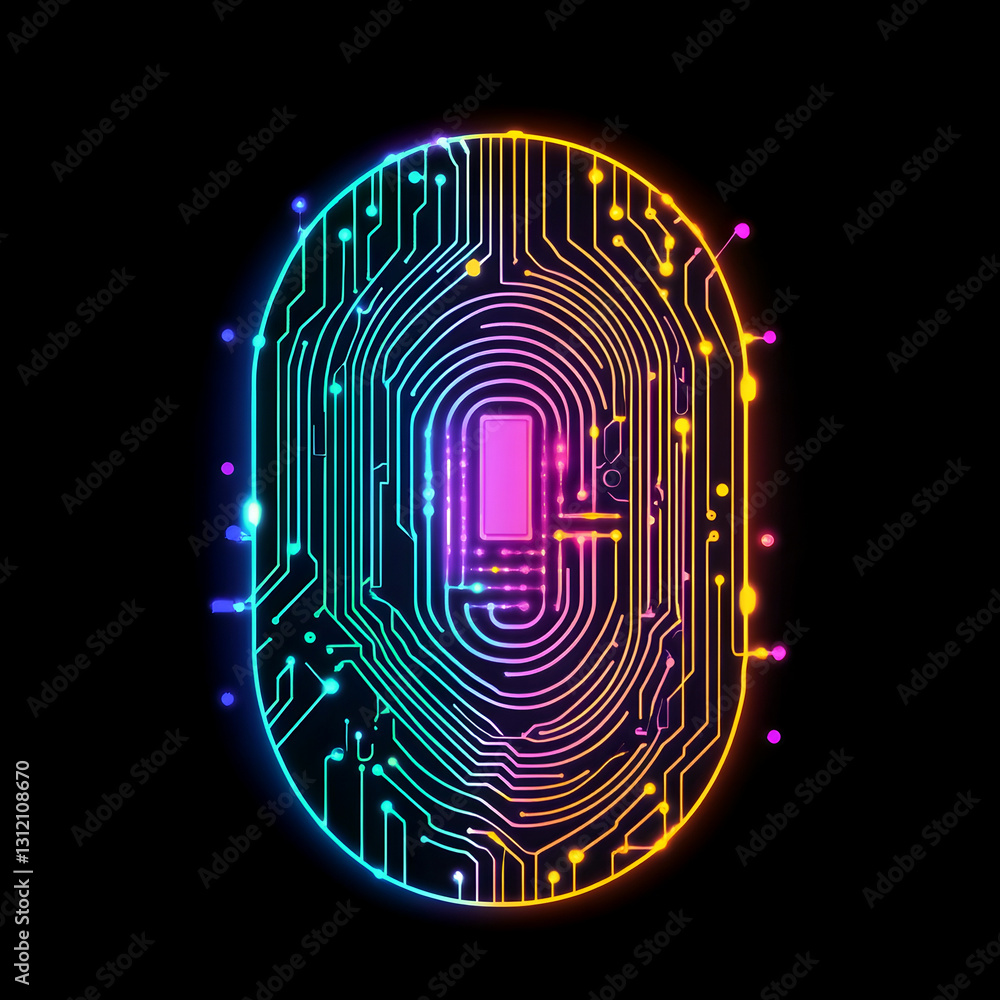 Poster Futuristic neon circuit board abstract fractal pattern design with glowing geometric shapes vibrant color gradient and high tech style