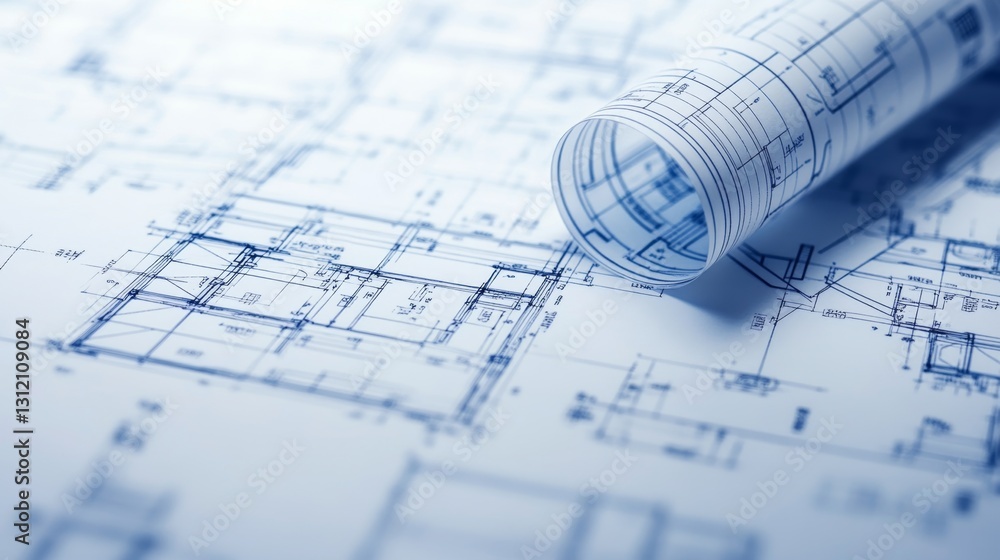 Poster analyzing engineering blueprint details workshop technical document indoor closeup architectural des