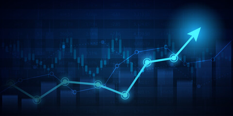 Abstract financial graph with uptrend line arrow and bar chart of stock market on blue color background