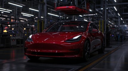 Red electric car on assembly line.
