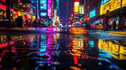 Obraz premium Futuristic Cityscape at Night with Neon Signs and Raindrop Ripples in Puddles
