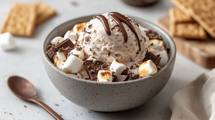 Delicious s'mores ice cream scoop in matte ceramic bowl with marshmallows and chocolate
