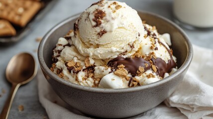 Delicious s'mores ice cream in matte ceramic bowl with chocolate and marshmallow toppings