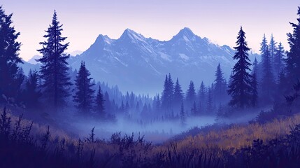 Soft fog rolling over a mountain forest, partially obscuring the towering pines.