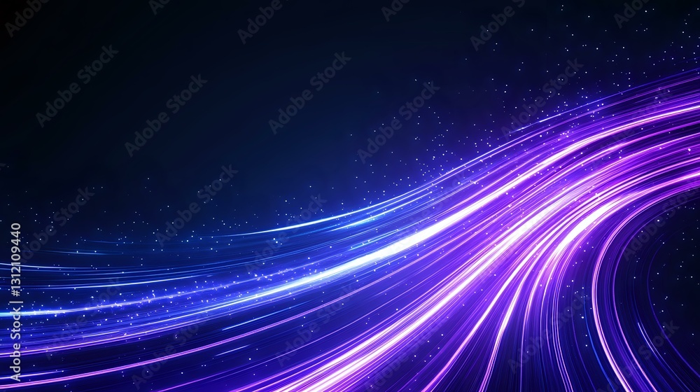 Poster glowing curved light trails in blue and purple neon colors against dark background with sparkles, cr