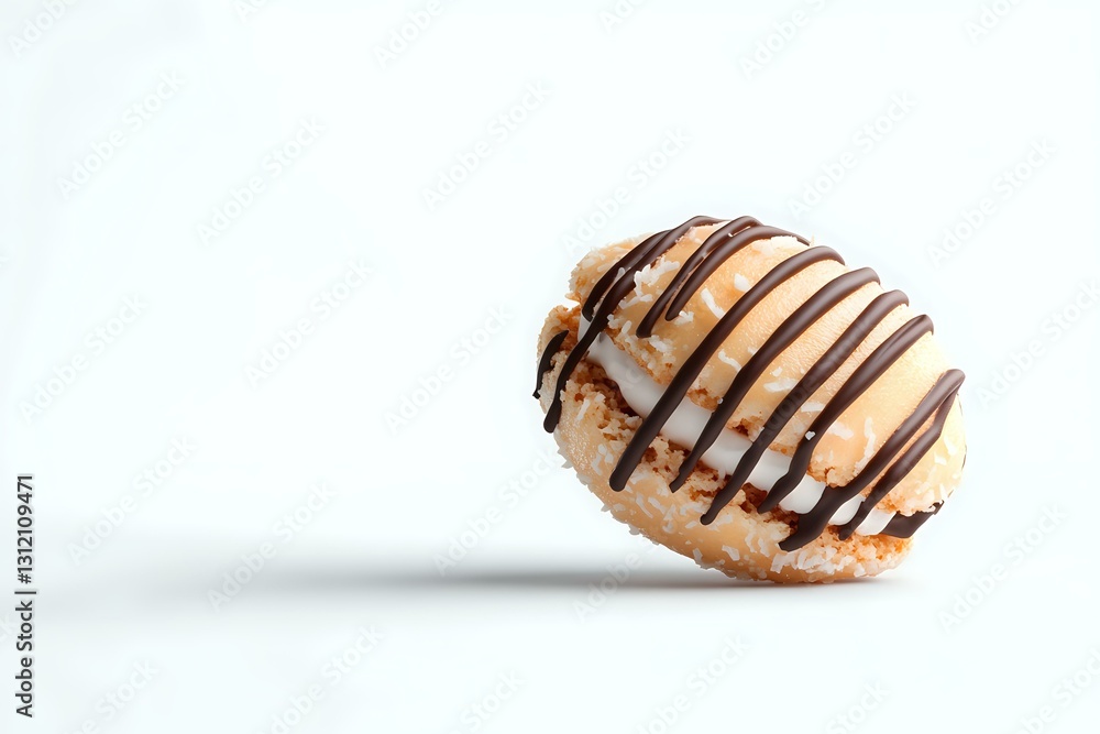 Poster fresh cream-filled donut with chocolate drizzle on white background, floating with soft shadow. appe