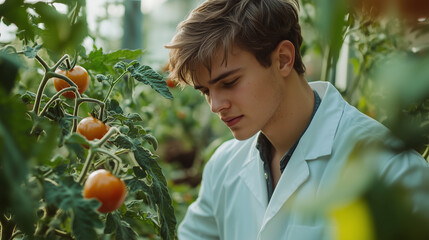 Agricultural scientists examine ripe tomatoes in a lush greenhouse. This image represents agricultural innovations, organic food production and sustainable agriculture.