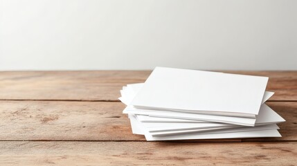 Stacked blank sheets of paper resting on a wooden table in a well-lit workspace setting