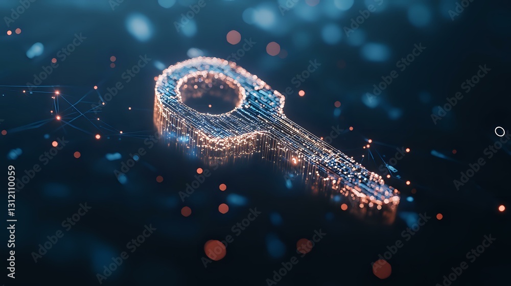 Poster digital key formed by glowing particles and light effects on dark background with bokeh, representin