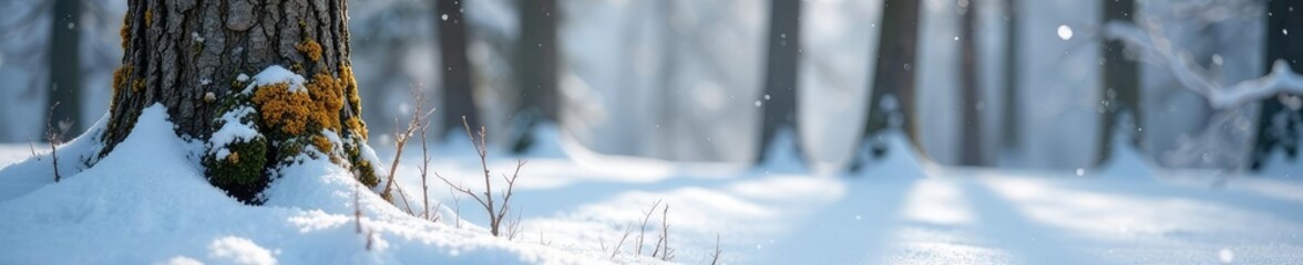 Frosted tree trunks with lichen covered in white snow, snowcovered, trees