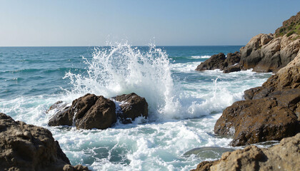 Fototapeta premium Waves crashing against a rugged, rocky shore