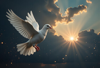 Dove flying in sky.  Concept of World peace day