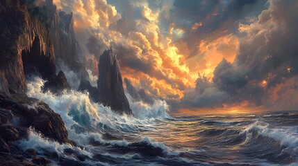 Fototapeta premium Dramatic Seascape with Waves and Colorful Sunset Over Rocks