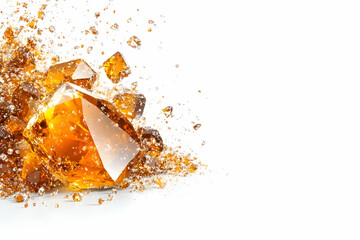 Amber-colored crystals scattered and arranged against a white backdrop, sparkling in the light