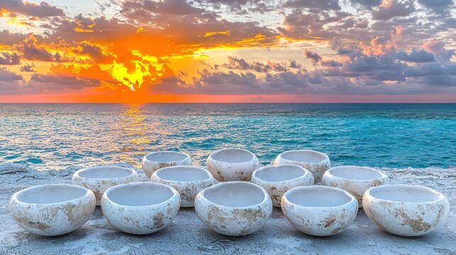 Coastal Sunrise with White Bowls