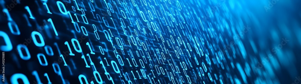 Poster Glowing Binary Code Matrix on Blue Technology Background Digital Concept of Data Communication Computer Programming and Cybersecurity