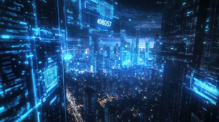 Futuristic city skyline with digital interface overlay. Possible use Stock photo for technology, innovation, or future concepts