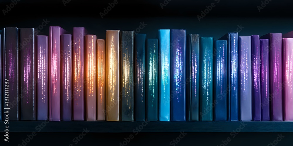 Poster row of colorful books arranged on dark shelf creating rainbow spectrum effect from purple through go