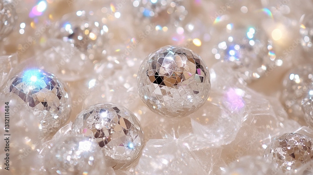 Aufkleber close up view of shimmering silver spheres nestled in a soft, white, translucent material. the spher