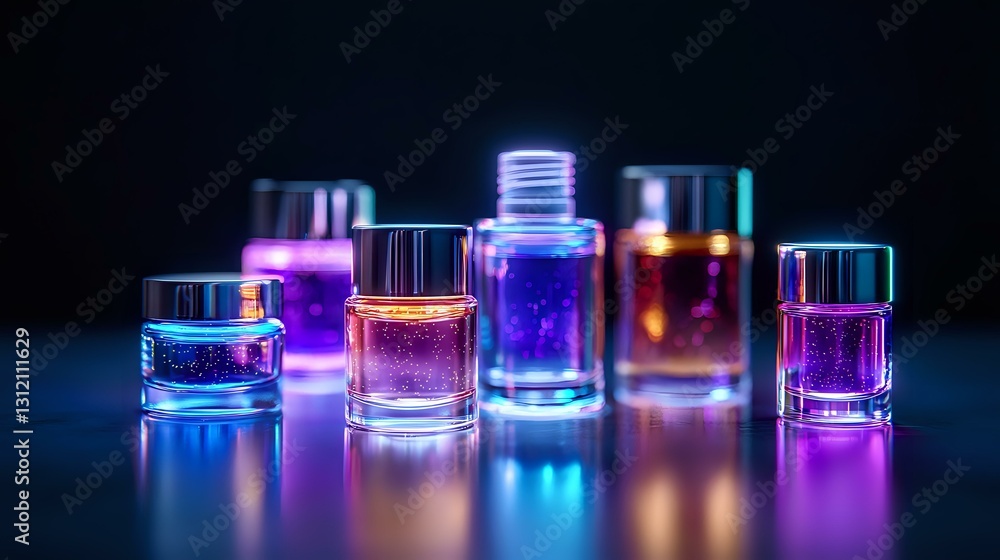 Poster glowing glass bottles with colorful neon liquids arranged in row on dark background create mystical 