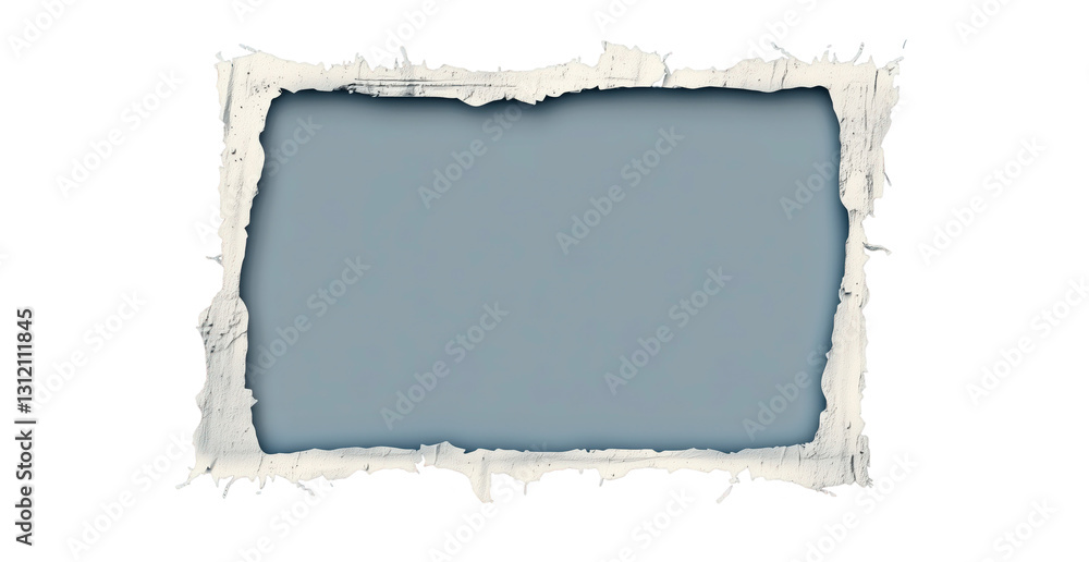Poster torn paper frame: a ripped paper frame with rough edges reveals a solid blue backdrop, offering a un