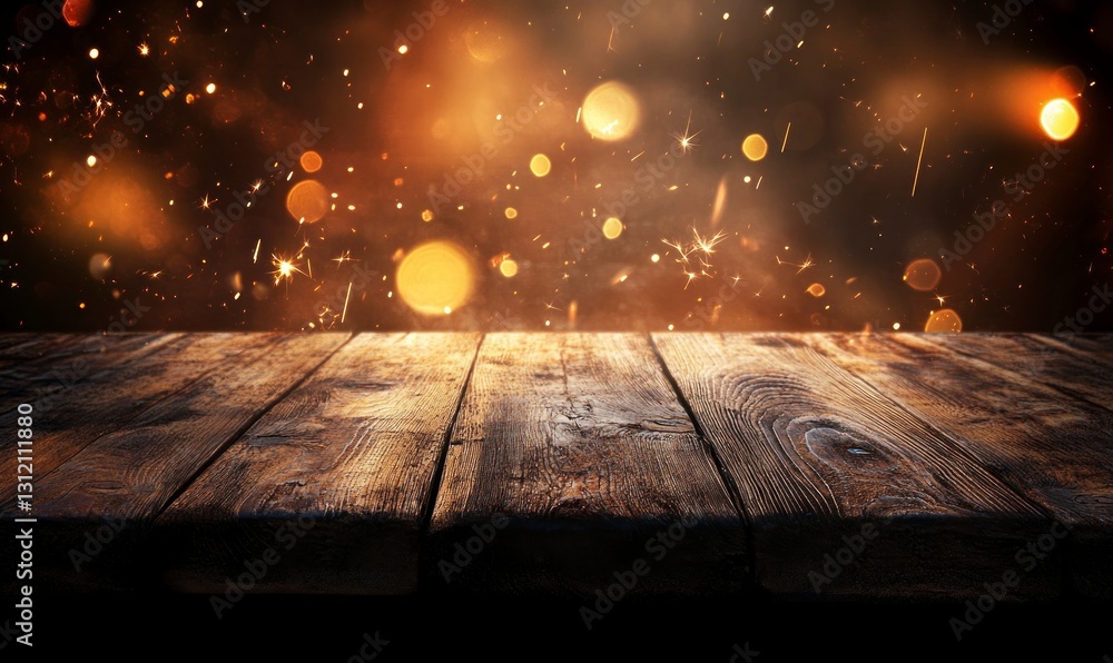 Poster rustic wooden table surface with festive sparkles and bokeh lights