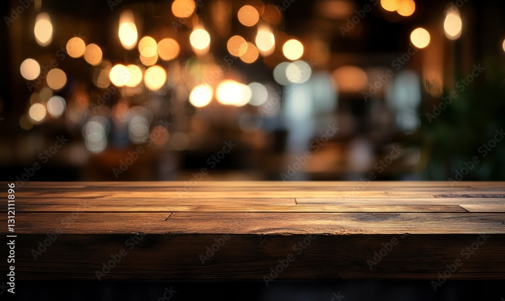 Poster wooden tabletop background with bokeh lights for product display or mockup