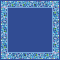 Floral multicolored pattern frame in pastel colors, for scarf design, blue background