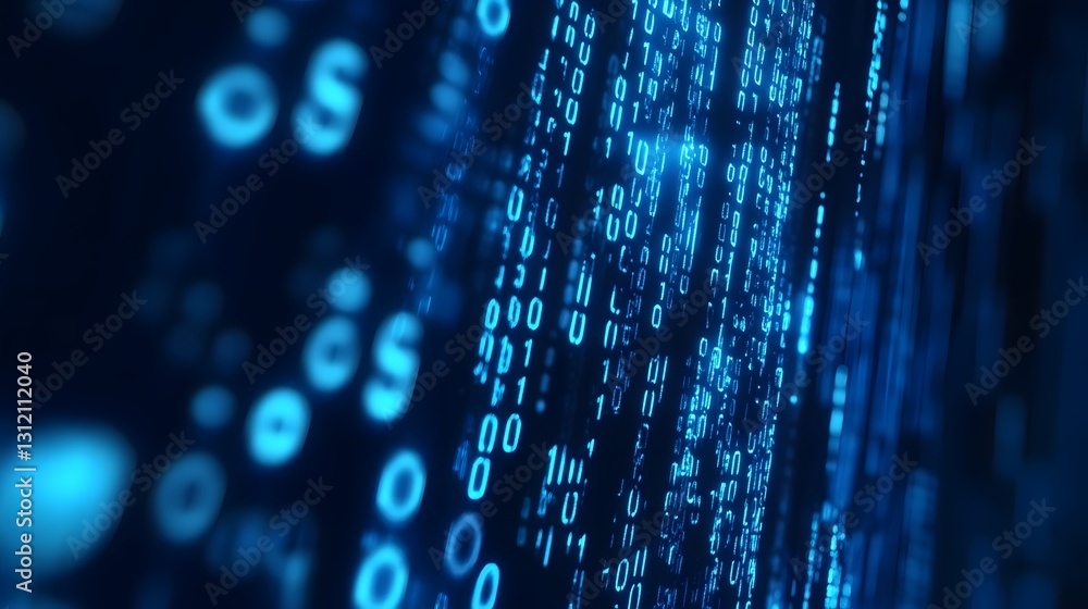 Poster Glowing Blue Digital Matrix Background with Binary Codes and Data Flow Representing Modern Intelligence and Cyber Concepts