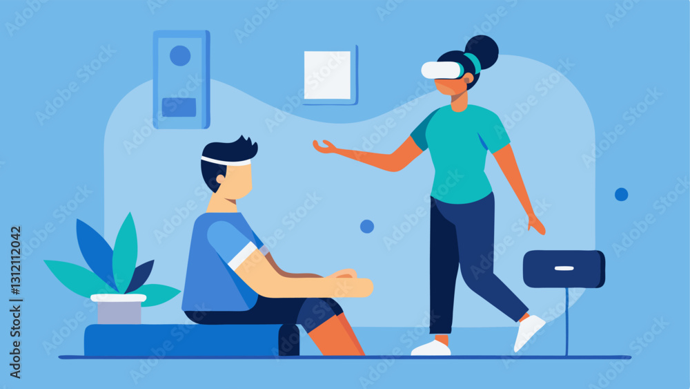 Poster virtual coach guide a virtual coach figure within the vr environment providing instructions to a pat
