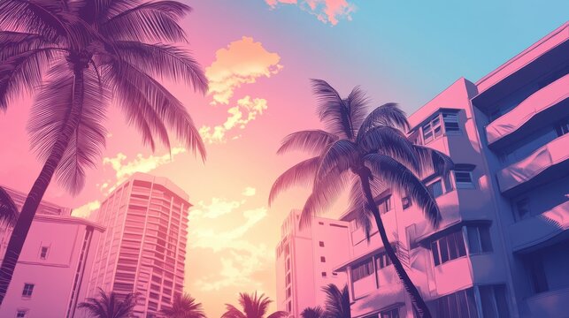 A retro illustration captures Miami summer vibes with generative AI, featuring vintage pink and blue colors.
