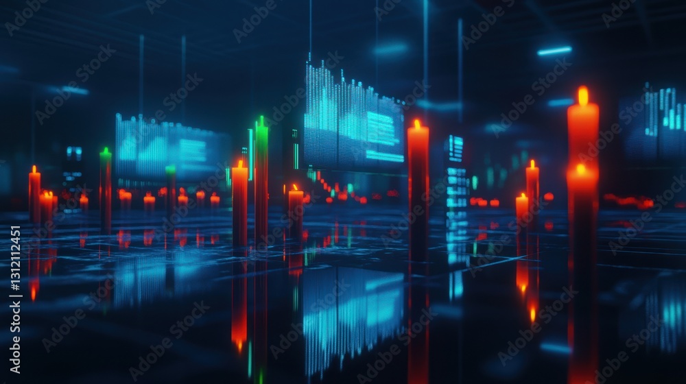 Poster abstract candles, data charts, futuristic space. possible stock photo use displaying candles in a fu