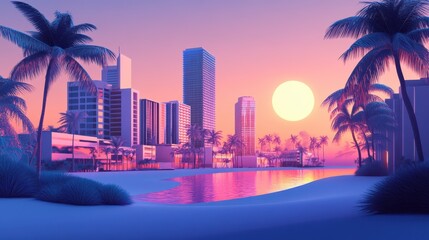 Obraz premium A retro illustration captures Miami summer vibes with generative AI, featuring vintage pink and blue colors.