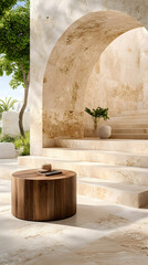 Arched stonework patio with tiered steps, round table and outdoor plant, sunny day
