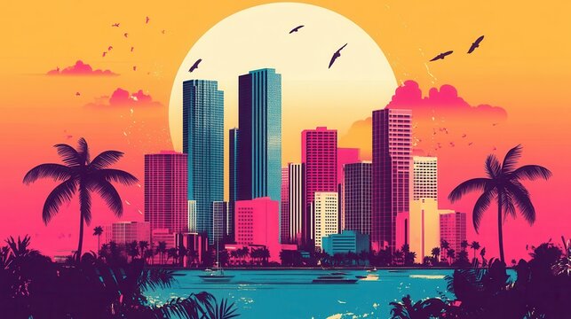 A retro illustration captures Miami summer vibes with generative AI, featuring vintage pink and blue colors.