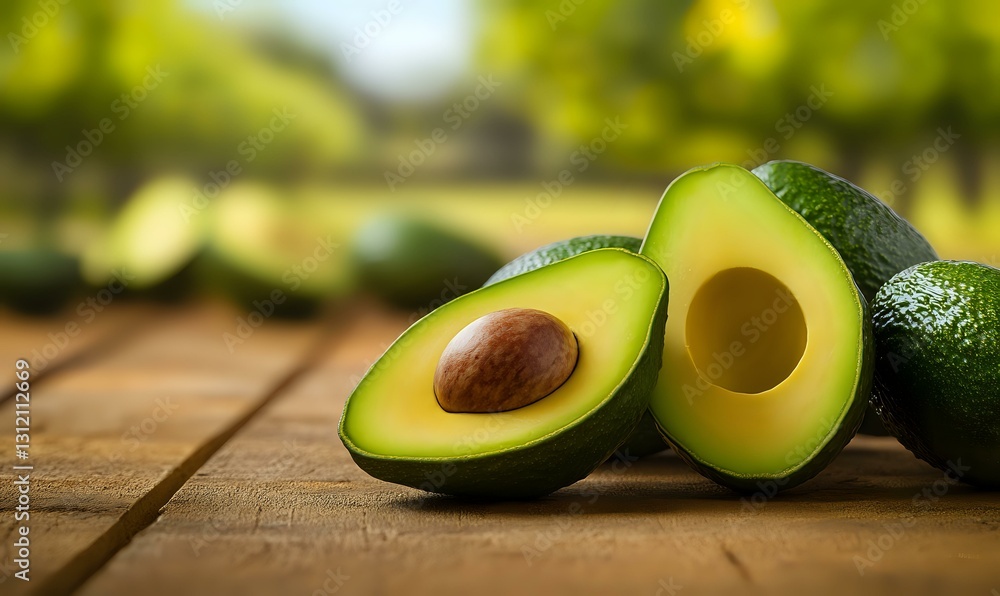 Poster fresh ripe avocado cut in half showing pit and creamy flesh on rustic wooden surface with soft bokeh