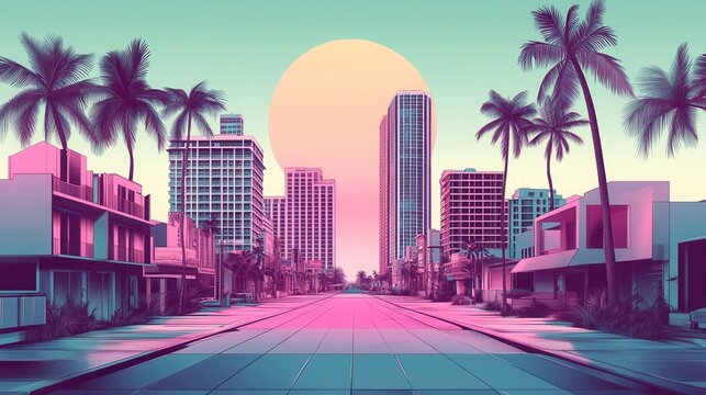 A retro illustration captures Miami summer vibes with generative AI, featuring vintage pink and blue colors.