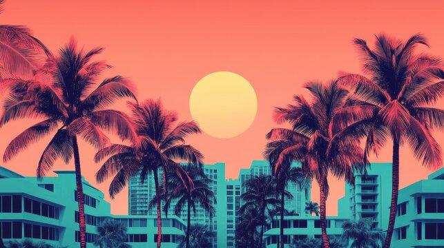 A retro illustration captures Miami summer vibes with generative AI, featuring vintage pink and blue colors.