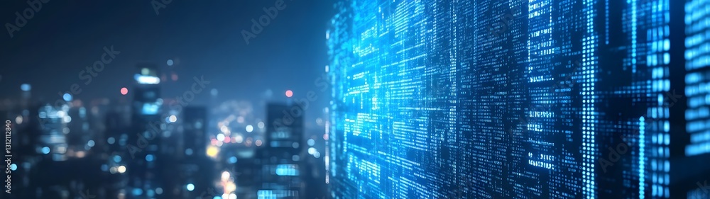 Poster Glowing Cityscape of Futuristic Digital Metropolis at Night with Abstract Patterns of Illuminated Data and Technology Structures