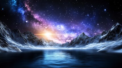 Fototapeta premium Serene landscape of snow capped mountains reflecting in a still lake under a vibrant purple, blue, and pink night sky filled with stars and a galaxy.