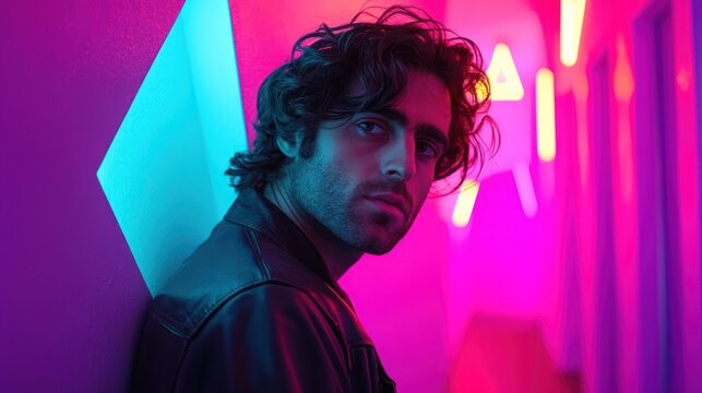 Man with dark curly hair in neon light.