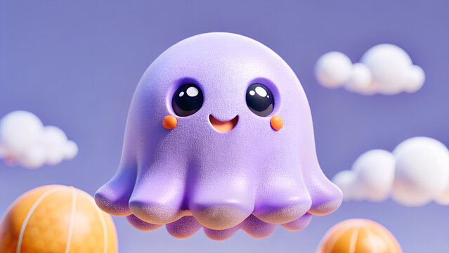 3d floating cute purple ghost, Halloween ghost character