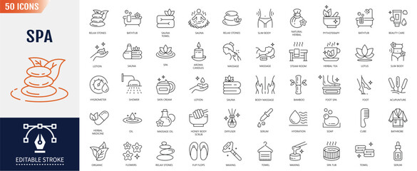 Spa icon set. Editable stroke. Containing as massage, foot spa, sauna, warm water, stone therapy, and more. Vector illustration