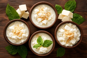 Bowls of dessert with mint and ingredients on wood