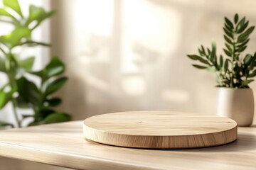 Displaying Product on a Round Wooden Stand with Indoor Plant Backdrop