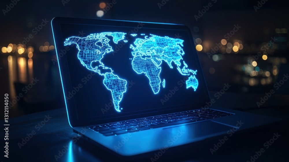 Poster global network connection displayed on laptop screen at night.