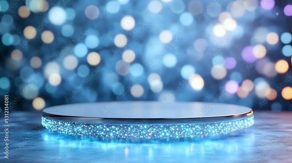 Poster glowing blue round product display platform with sparkles and bokeh background creates magical atmos