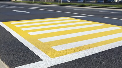 A pedestrian crosswalk painted yellow and white on a street